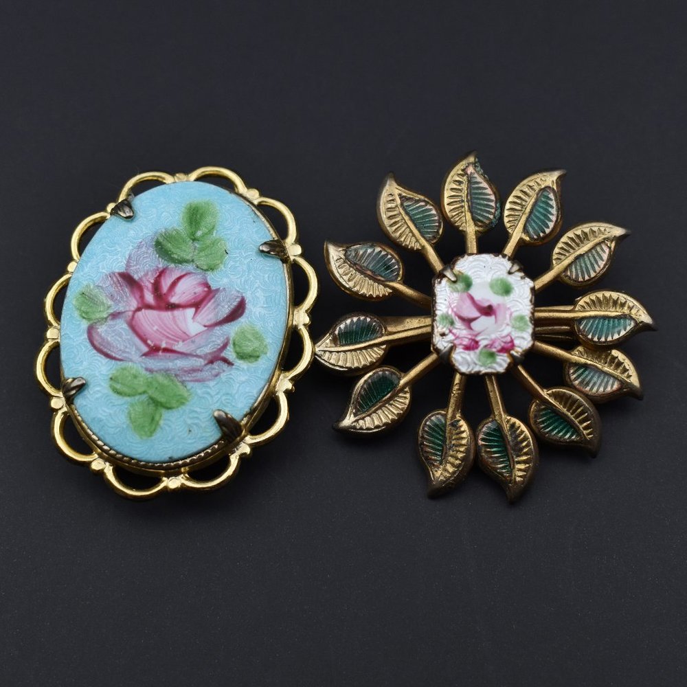 Guilloche enamel brooch, cute little lapel pin, small peony flower brooch set